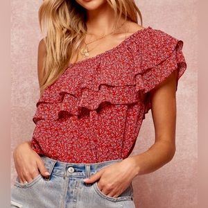 New! Floral Print One Shoulder Ruffle Bodysuit‎